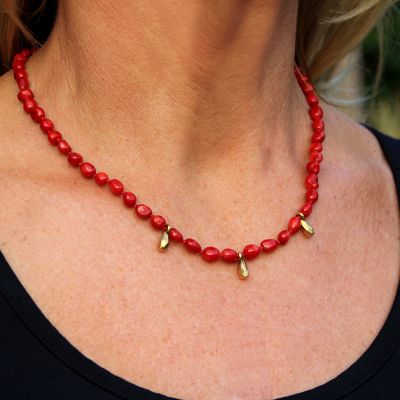 Red Coral + Gold 3 Drop Necklace