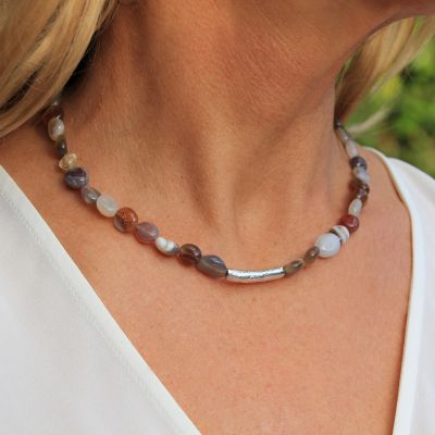 Botswana Agate Pebbles + Silver Necklace