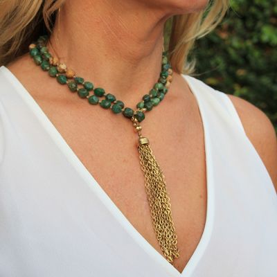 African Jade, Picture Jasper + Gold Tassel Hero Necklace