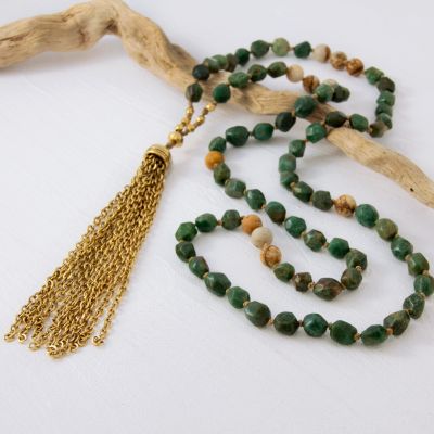 African Jade, Picture Jasper + Gold Tassel Hero Necklace