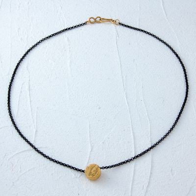 Gold Rustic Circle + Black Necklace